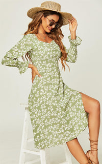 Long Sleeve Slip Leg Midi Dress In Green Flora Print