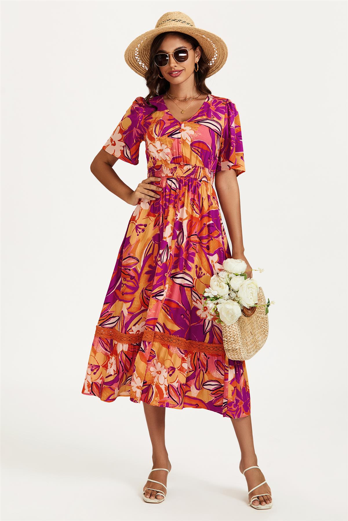 Floral Print Button Down Maxi Dress In Pink Orange