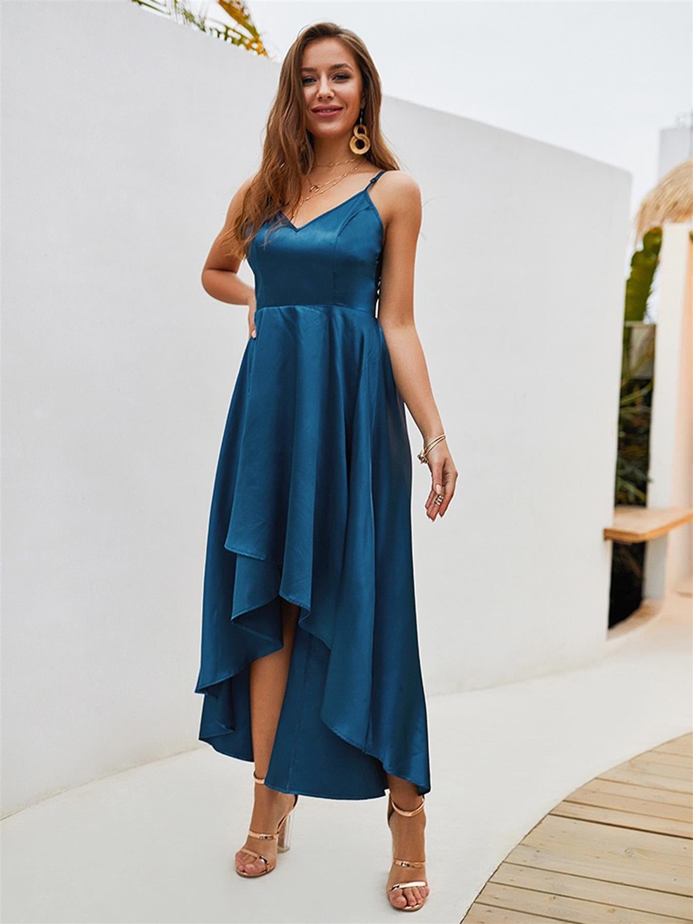 Tie Back Teal Satin Halter High Low Dress