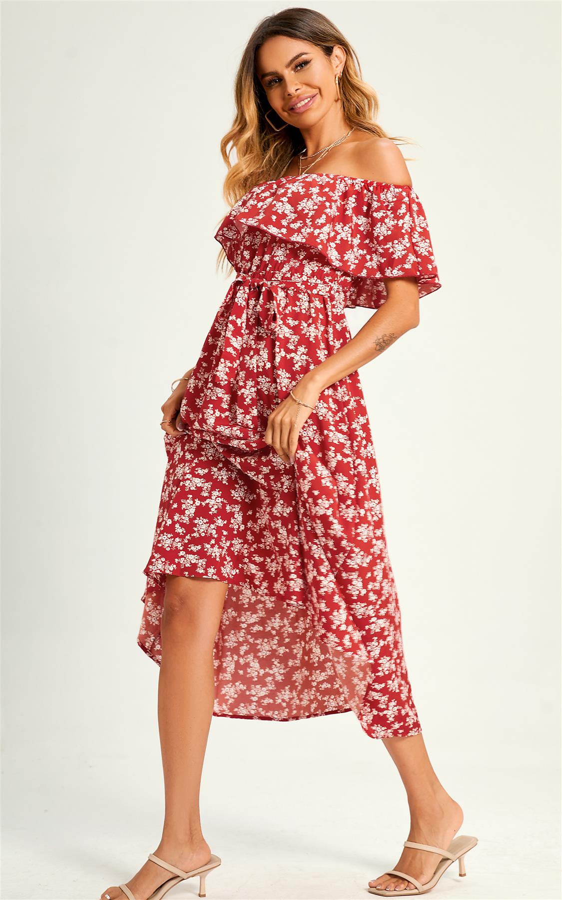Little Flora Print Bardot Frill Midi Dress In Red