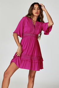 V Neck Lace Mini Dress In Fuchsia