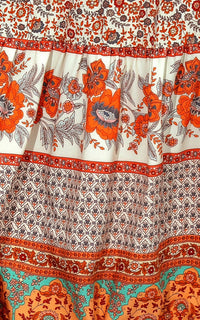 Orange Paisley Print Smocked Tiered Midi Skirt
