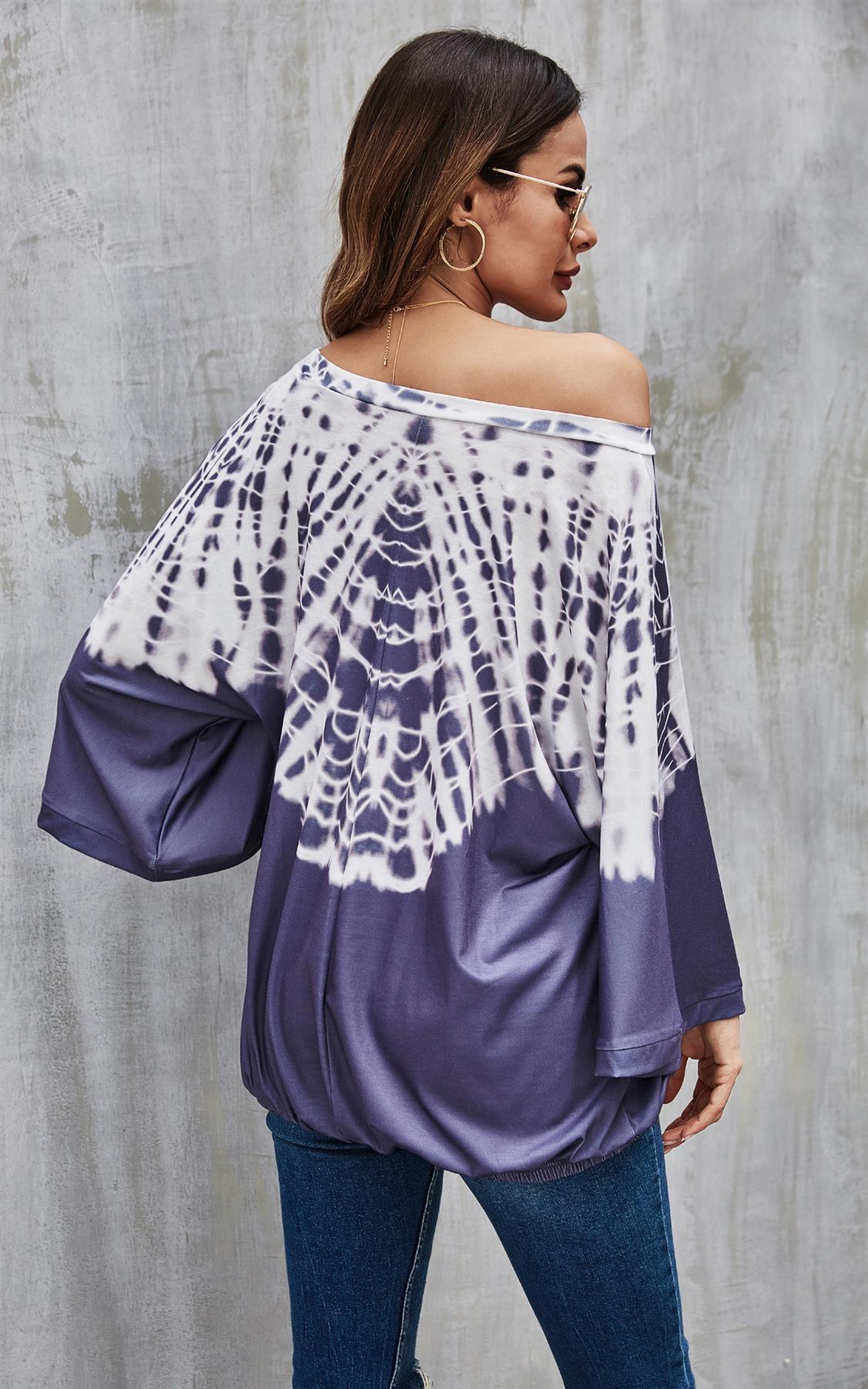 White & Blue Pastel Tie Dye Print Top