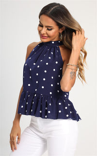 Hem Frill Detail Halter Neck Tie Back Top In Navy