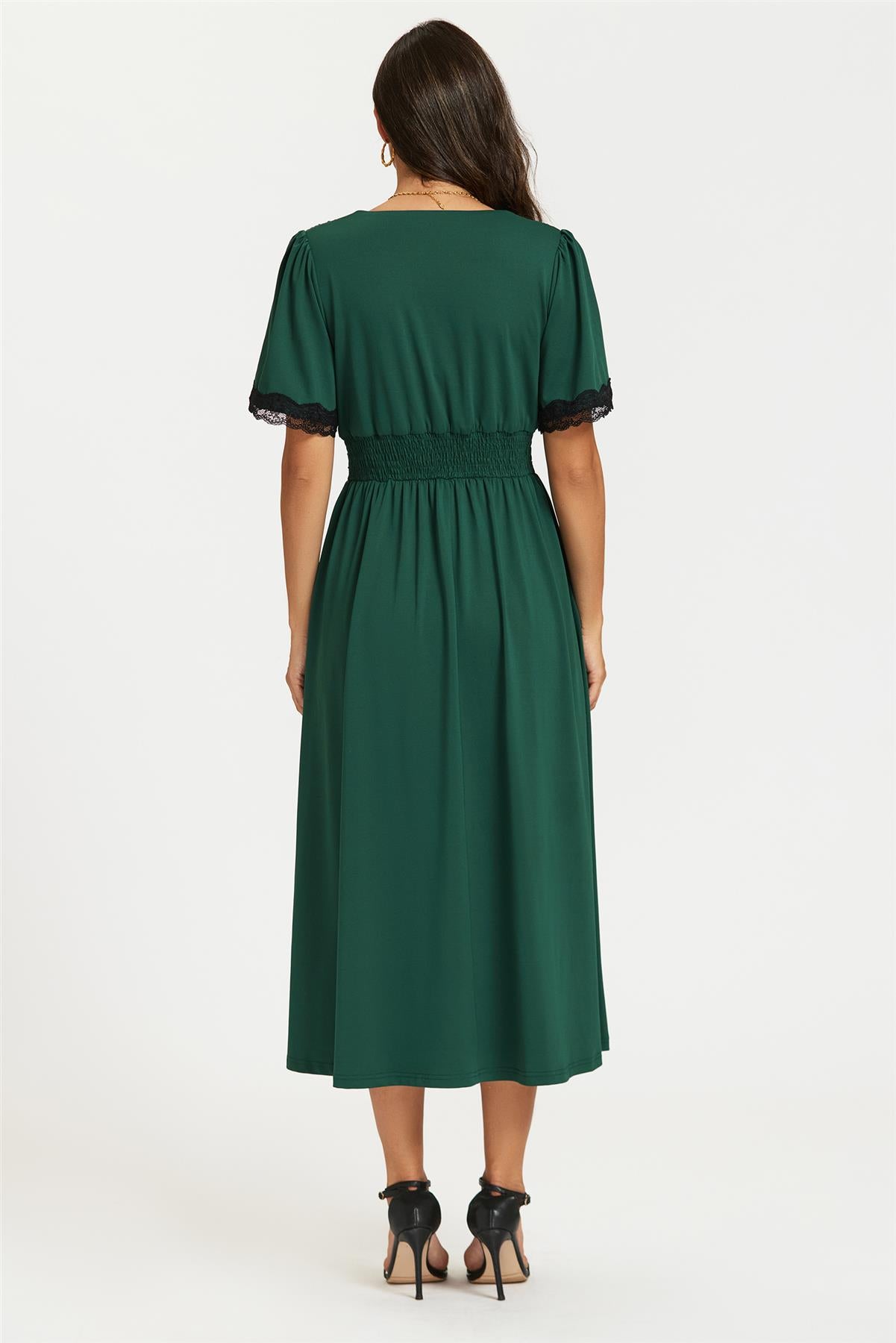 Lace Trim Jersey Midi Dress In Green