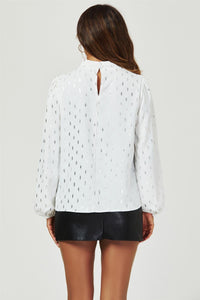 Silver Foil Long Sleeve High Neck Top In White