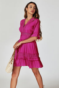 V Neck Lace Mini Dress In Fuchsia