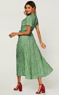 Floral Print Hem Tiered Wrap Midi Dress In Green