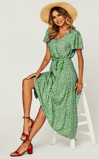 Floral Print Hem Tiered Wrap Midi Dress In Green