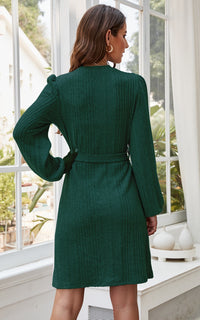Cozy Soft Long Sleeve Kint Mini Dress In Dark Green