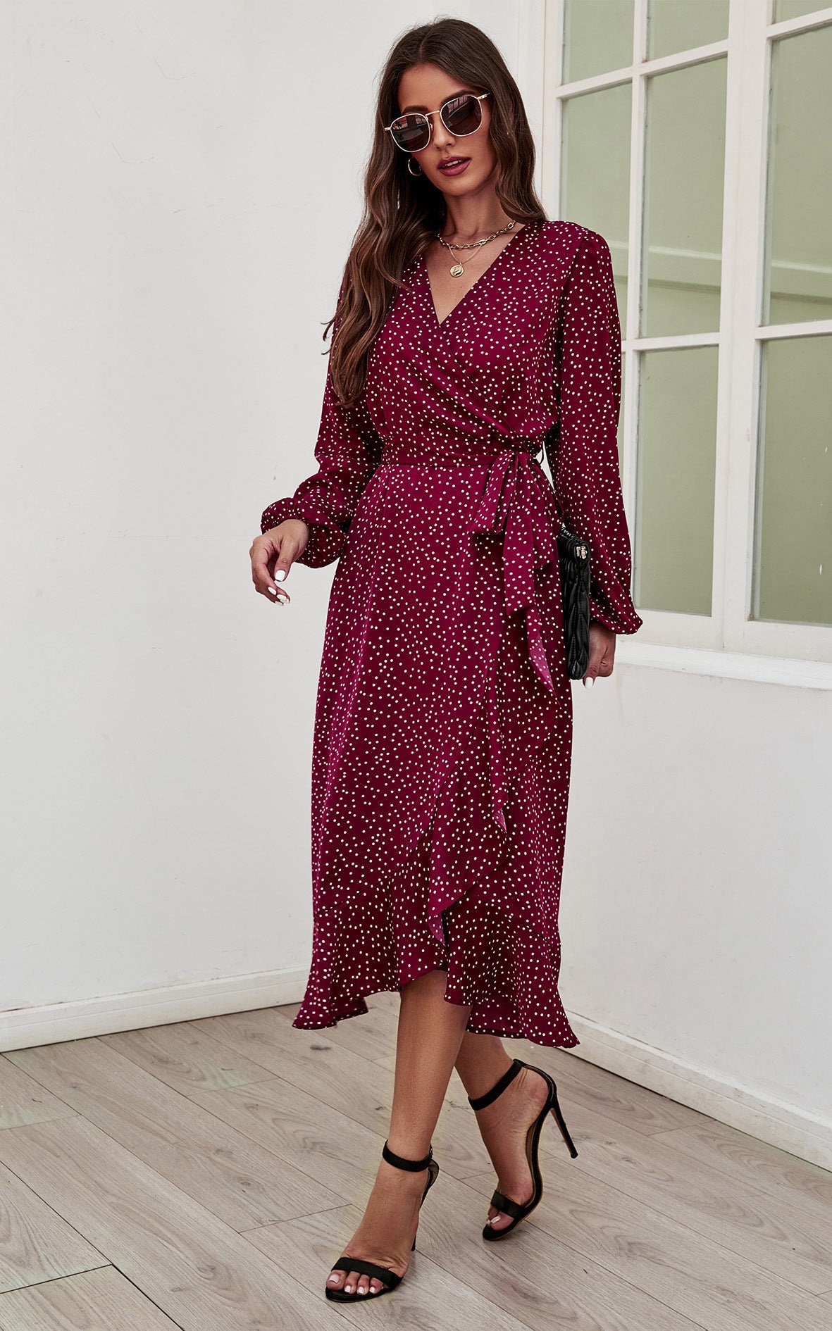 Long Sleeve Wrap Midi Dress In Wine