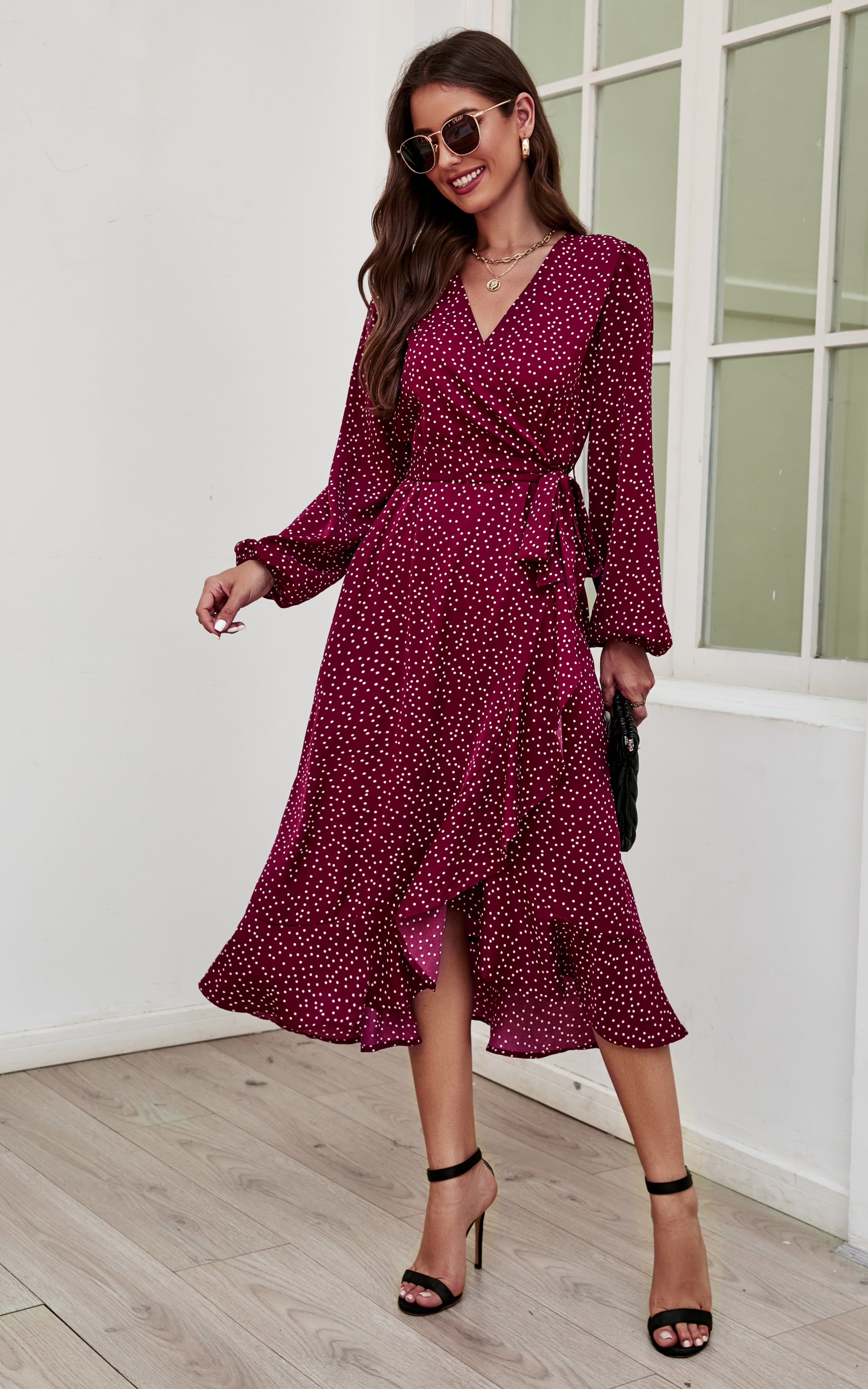 Long Sleeve Wrap Midi Dress In Wine