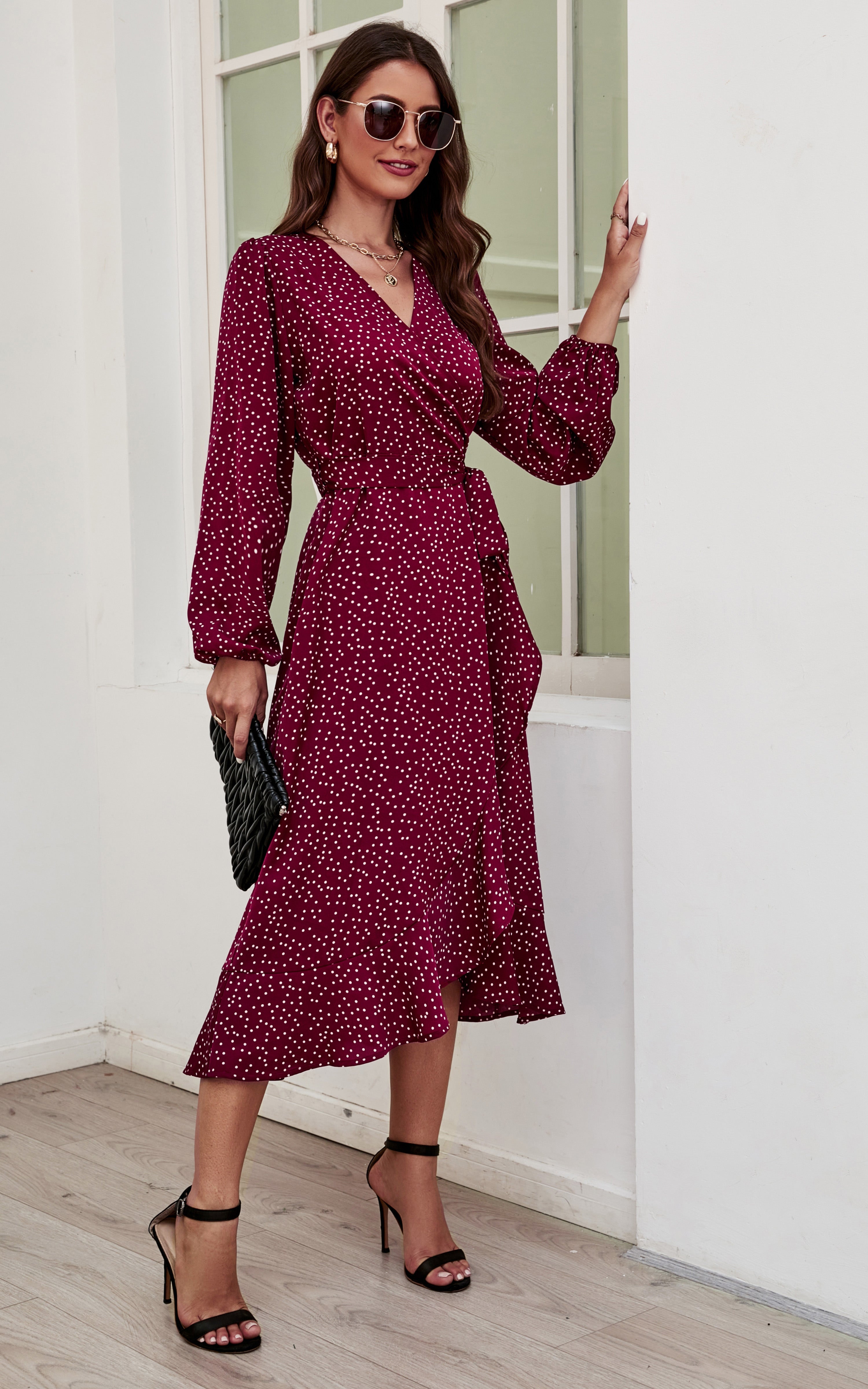 Long Sleeve Wrap Midi Dress In Wine