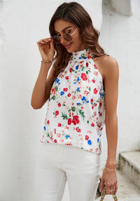 Multicolour Floral Print  Halter Neck Tie Back Top In White