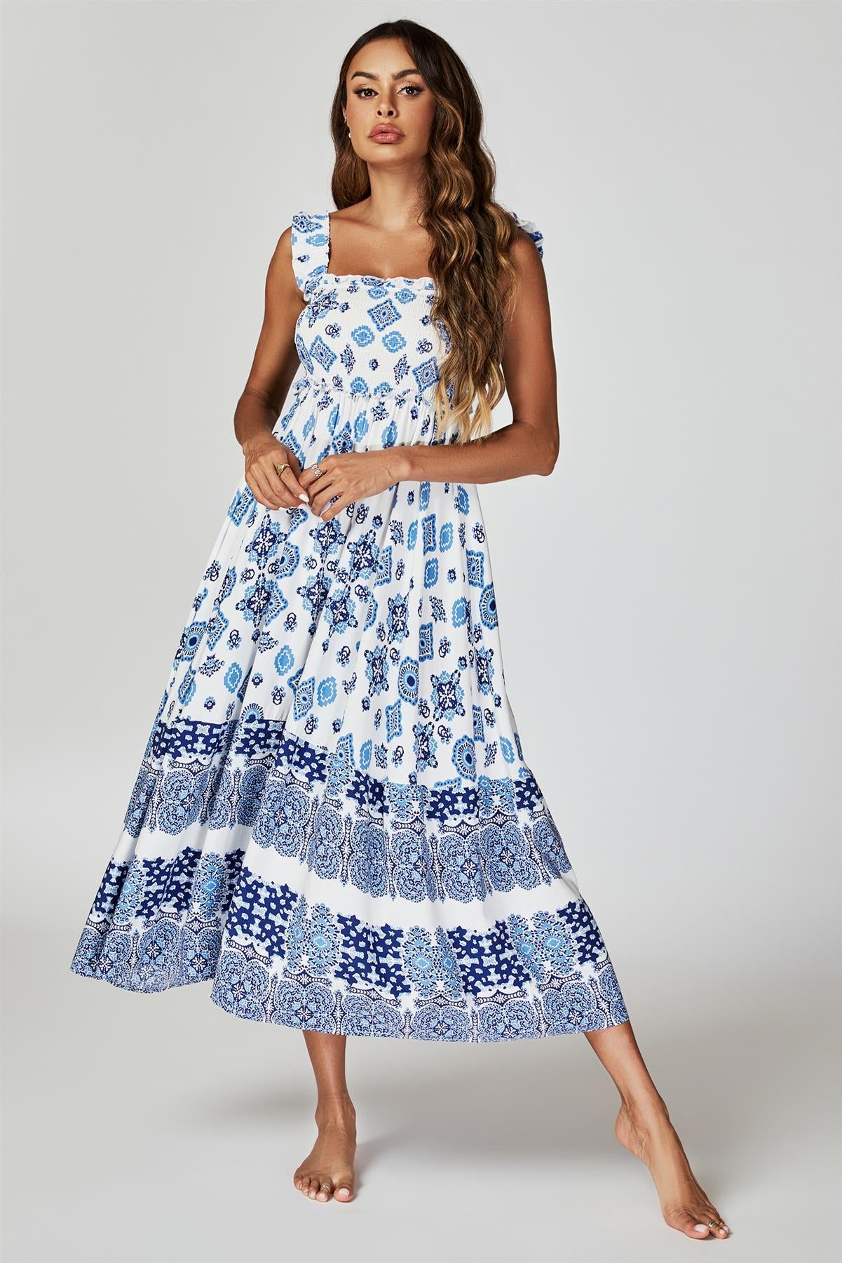 Blue Border Print Hem Detail Tiered Maxi Dress In White