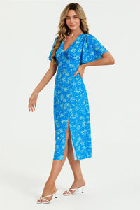Green Floral Print Angel Sleeve Midi Dress In Blue