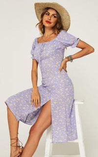 Tie Front Slip Leg Dress In Purple With Flora Print
