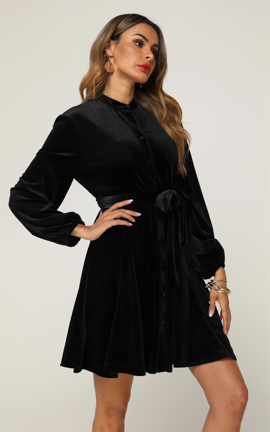 Velvet High Neck Long Sleeve Button Down Mini Dress In Black