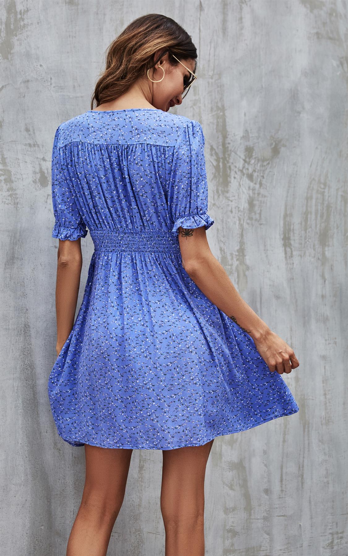 Little White Floral Print Short Sleeve Mini Dress In Blue