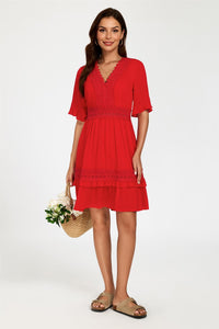 V Neck Lace Mini Dress In Red