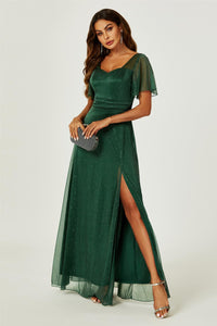Silver Sparkly Empire Waist Bridesmaid Maxi Dress In Green