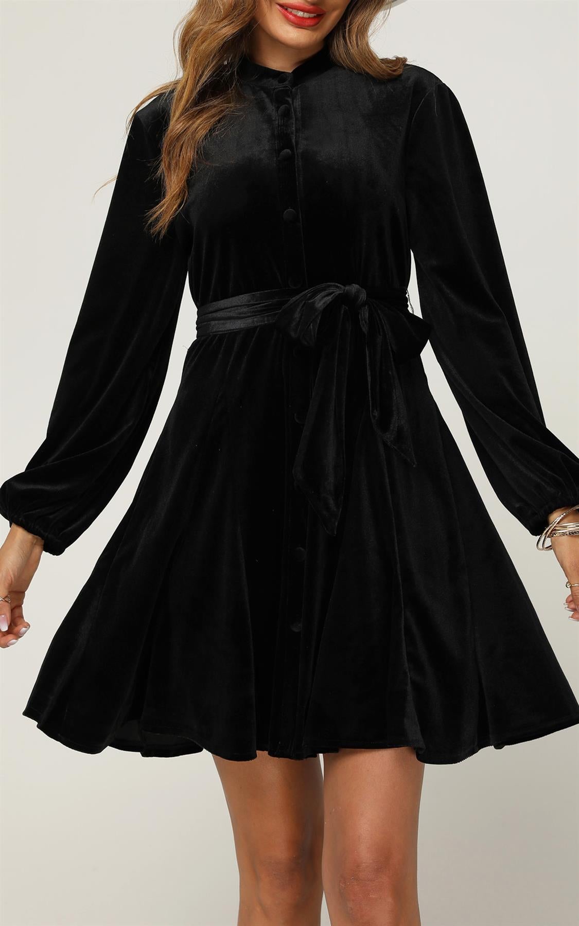 Velvet High Neck Long Sleeve Button Down Mini Dress In Black