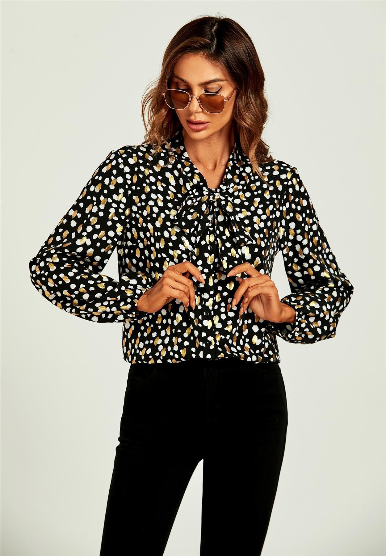 Gold Foil Leopard Print Pussybow Blouse/Top In Black