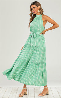 Mint Green Halter Neck White Polka Dot Midi Layer Dress