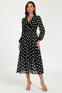 Dot Print Lace Trim Long Sleeve Maxi Dress In Black