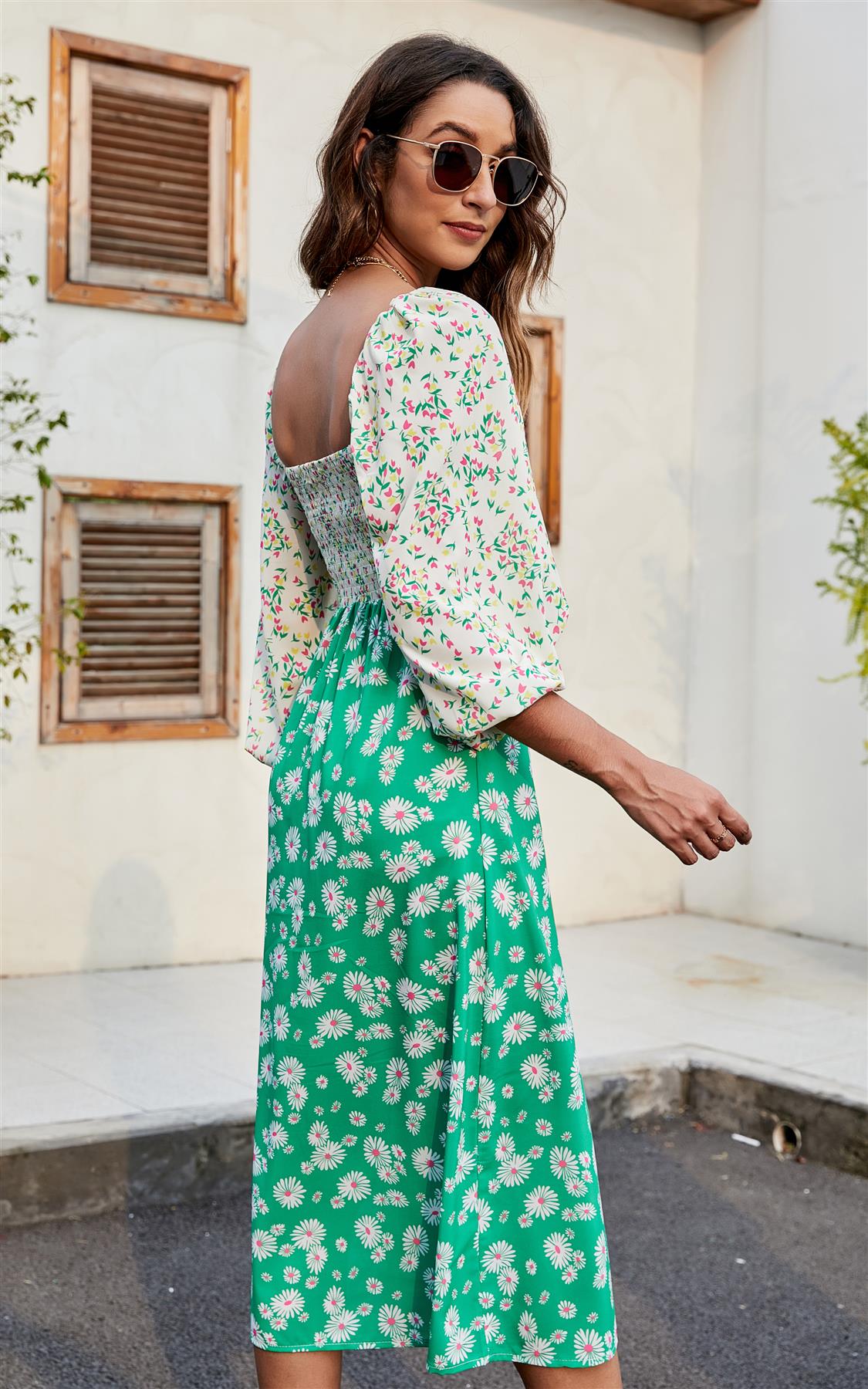 Daisy Floral Heart Neck Puff Sleeve Midi Dress In Green