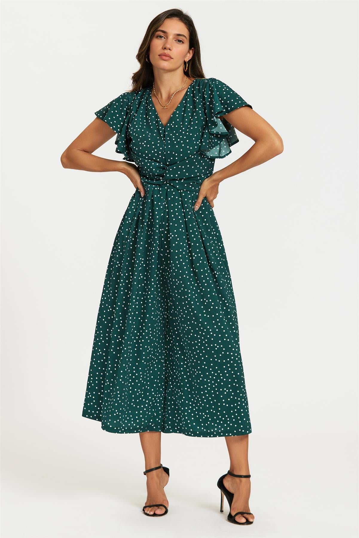 Polka Dot Angel Sleeve Twist Jumpsuit In Green