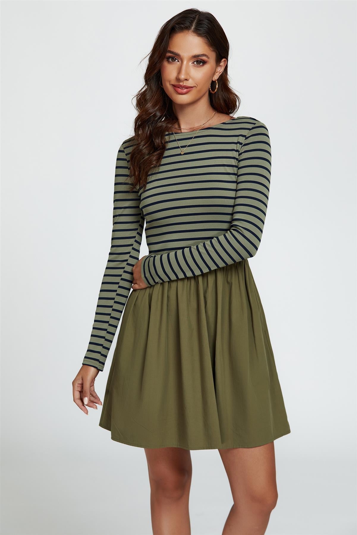 Long Sleeve Stripe Mini Dress In Olive