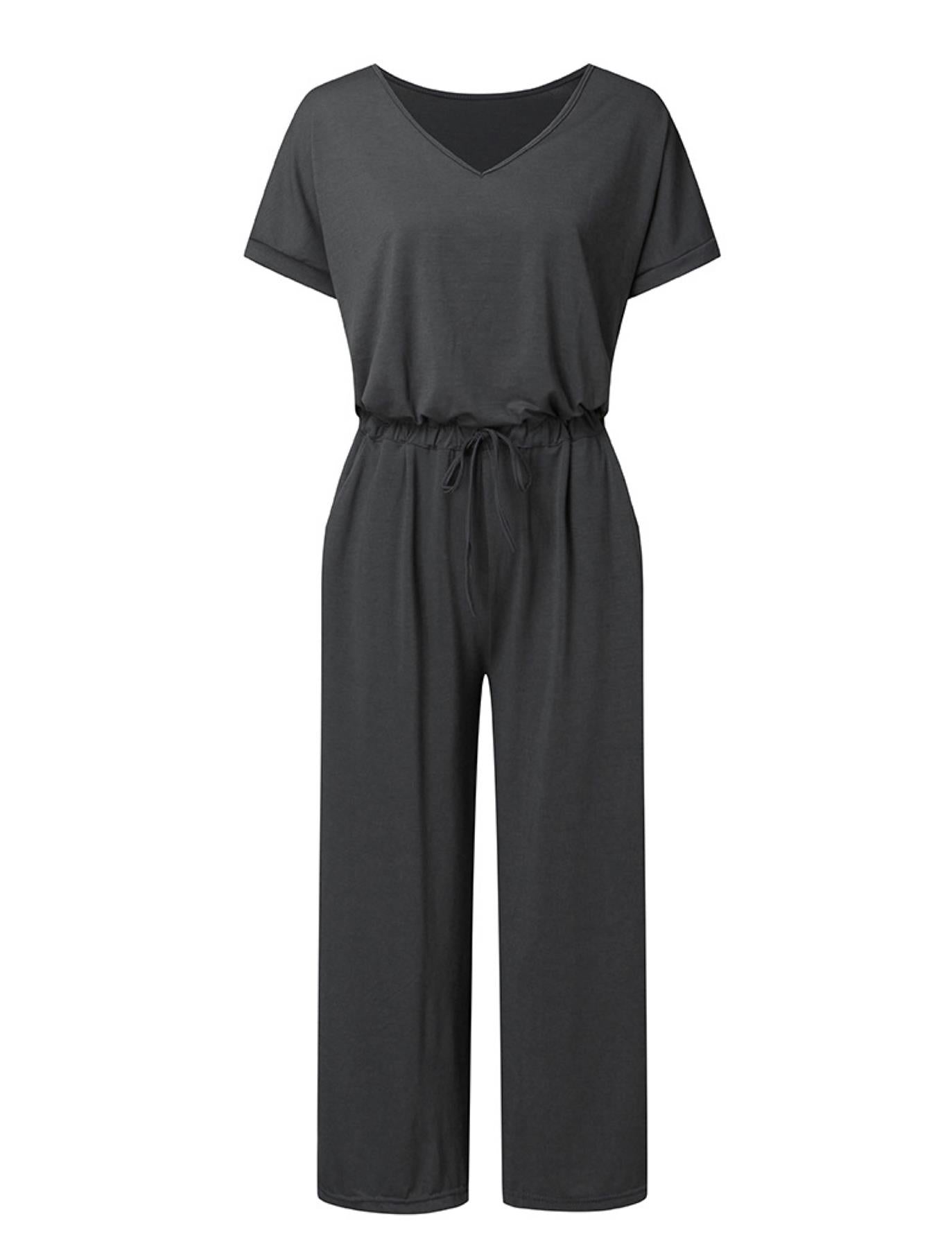 Charcoal Grey Loose Jumpsuit With Short Sleeve
