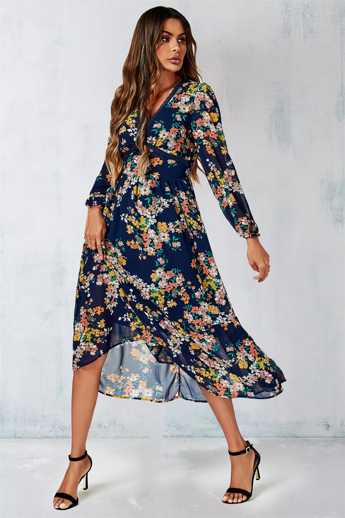Floral Print Long Sleeve Maxi Dress In Navy