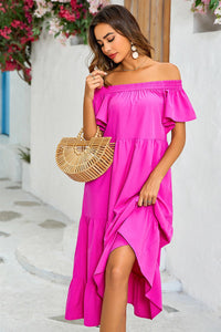Off Shoulder Bardot Frill Midi Dress In Fuchsia Pink