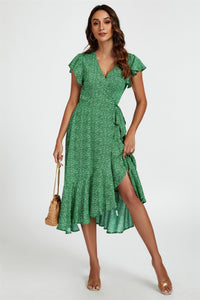 Little Floral Frill Sleeve Midi Wrap Dress In Green