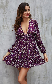 Long Sleeve Mini Dress In Purple Floral Print