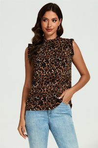 Leopard Print Frill Trim Sleeve Frill Neck Blouse Top In Brown
