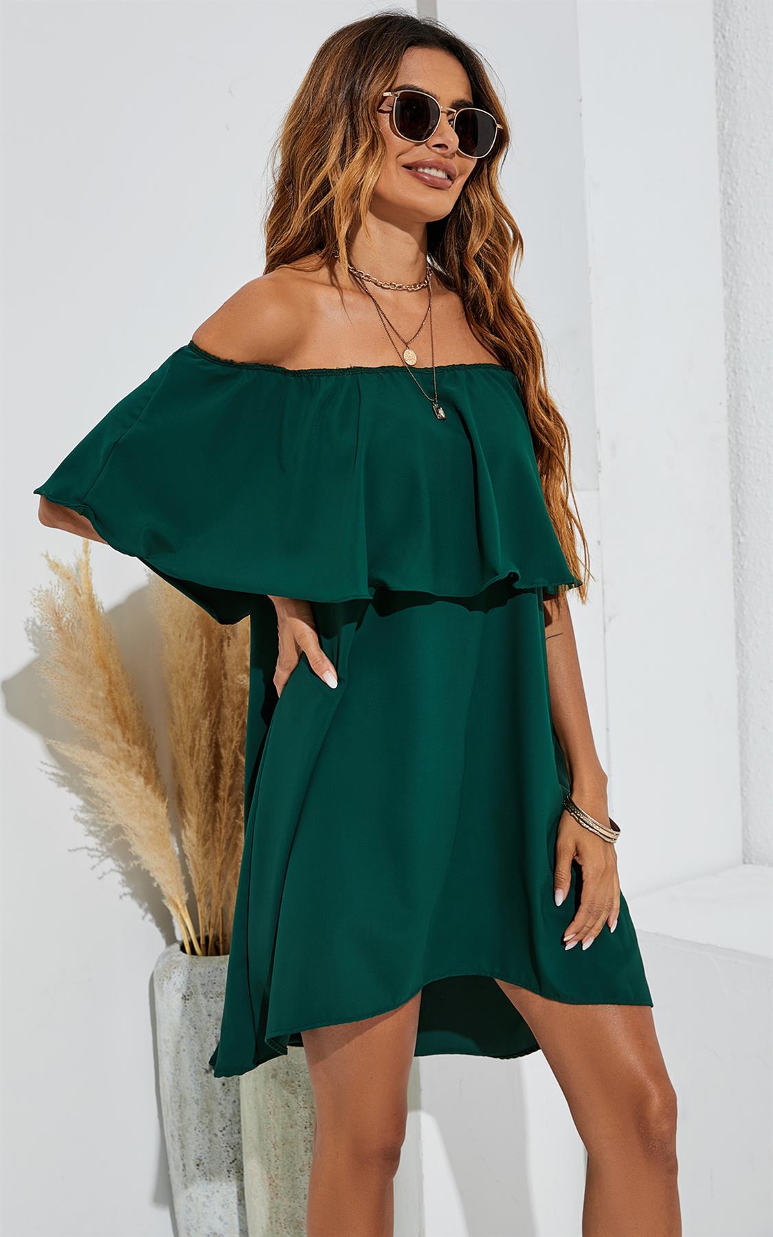 Bardot Frill Off Shoulder Mini Dress In Green