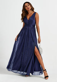 Sparkly V Neck Bridesmaid Maxi Dress In Navy