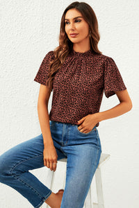 Leopard Print Angel Sleeve High Neck Top/Blouse In Rusty