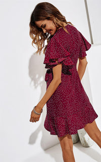 Dot Print Wrap Top Dress In Wine