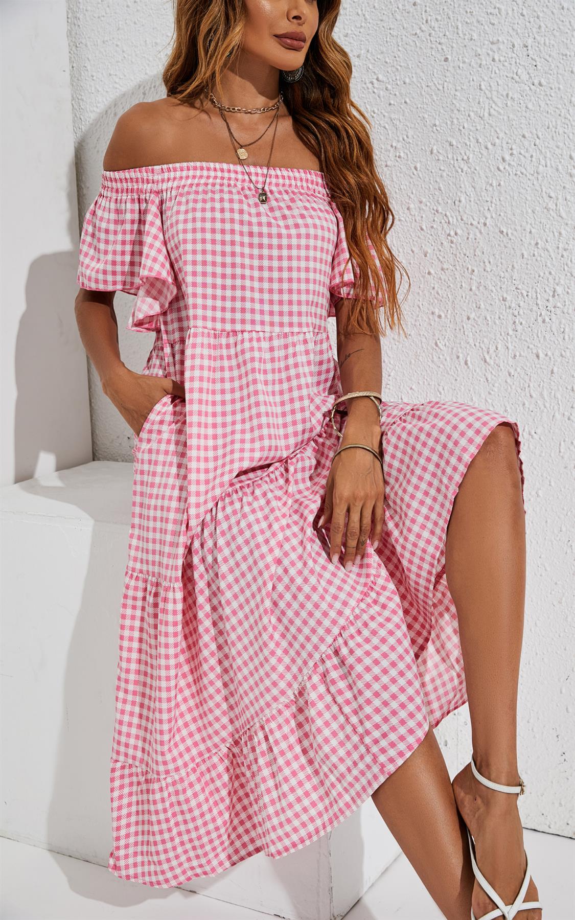 Off Shoulder Bardot Frill Midi Dress In Pink