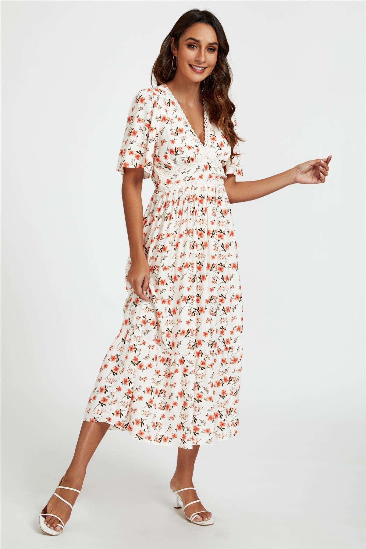 Red Floral Print Lace Detail Angel Sleeve Midi Dress In Cream