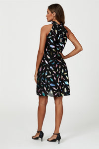 Rainbow Leaf Foil Halter Neck Tie Back Mini Dress In Black
