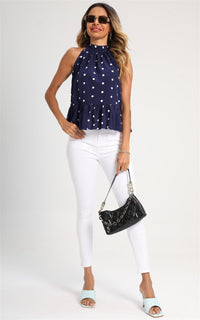 Hem Frill Detail Halter Neck Tie Back Top In Navy