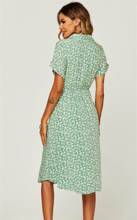 Relaxed Floral Print Button Down Midi Shirt Dress In Green