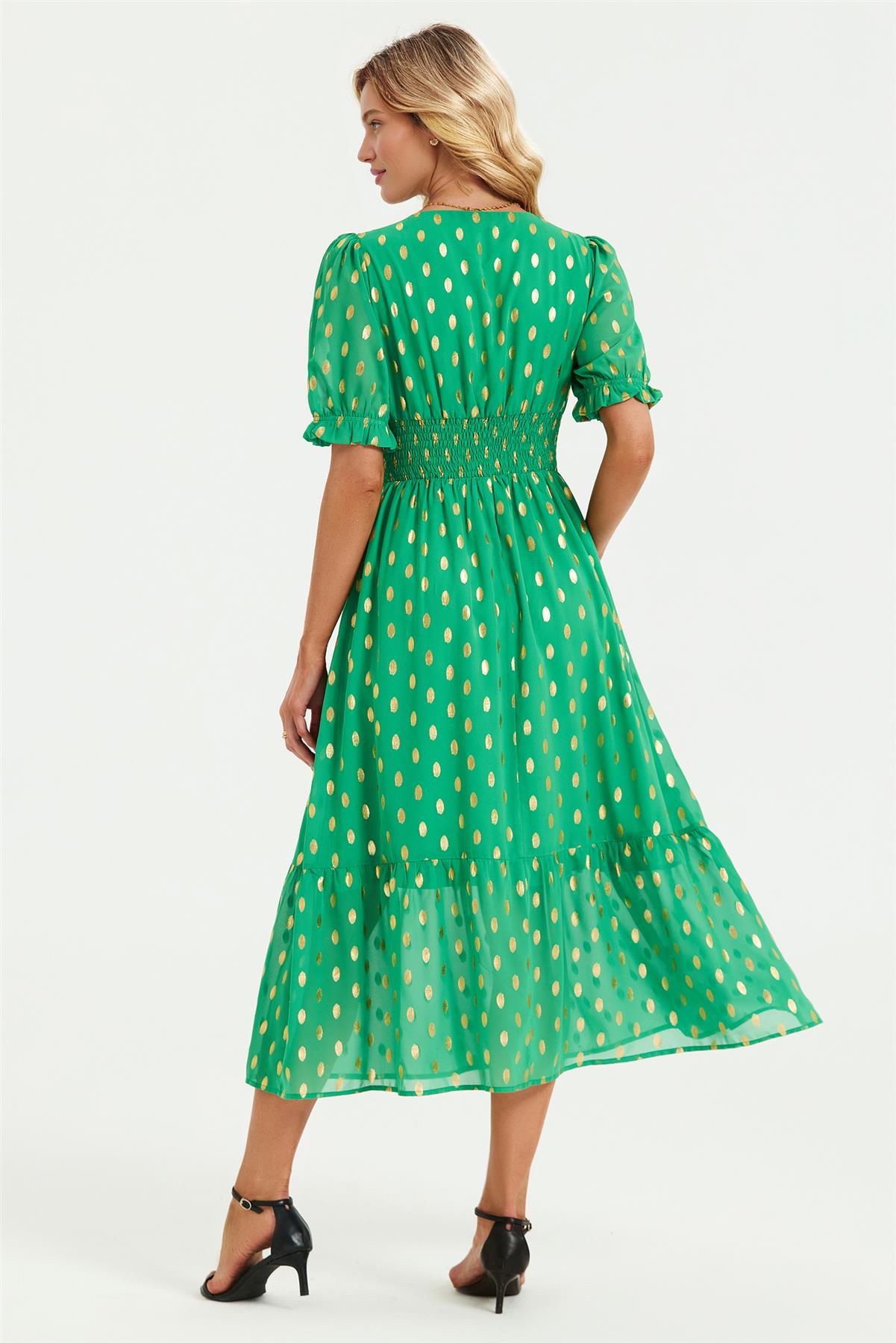 Lace Trim Foil Midi Dress In Green