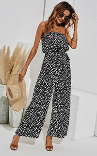Off Shoulder Jumpsuit In Black & White Leaf Print