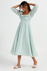 Frill Detail Square Neckline Midi Dress In Light Green